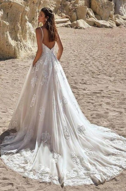 Ivory Spaghetti Straps Floor-Length A-Line Bridal Gown - Fashionpara
