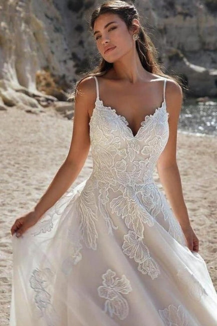 Ivory Spaghetti Straps Floor-Length A-Line Bridal Gown - Fashionpara
