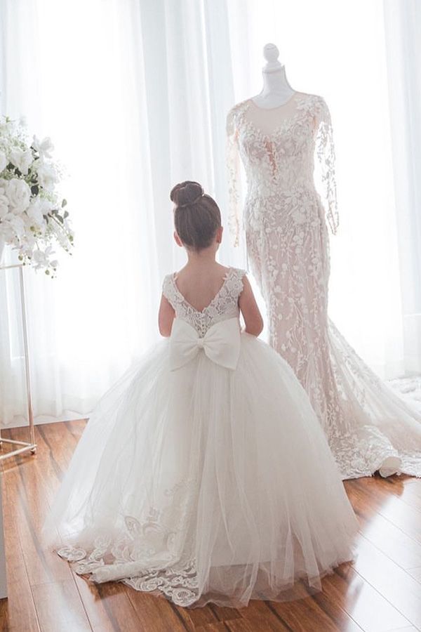 Ivory Tulle Flower Girl Dress With Bowknot - Fashionpara