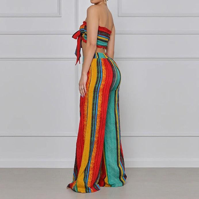 KittenAlarm - Ivy Multi-color Strapless Top & Wide Pants Set