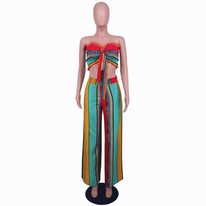 KittenAlarm - Ivy Multi-color Strapless Top & Wide Pants Set