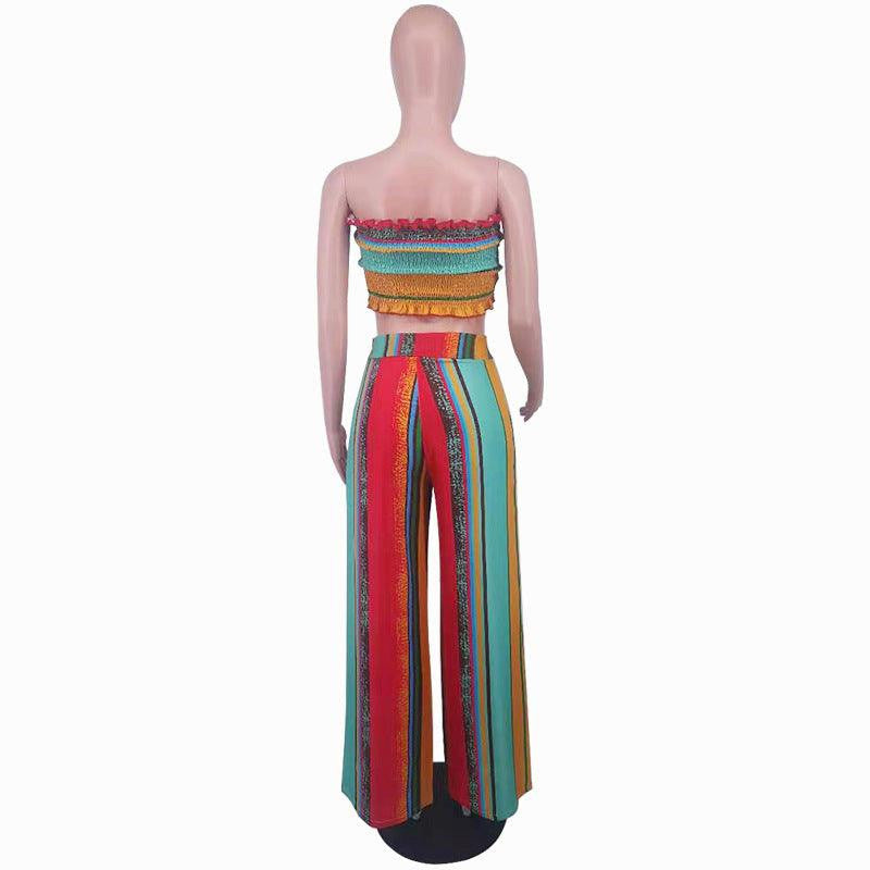 KittenAlarm - Ivy Multi-color Strapless Top & Wide Pants Set