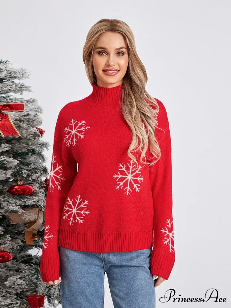 Jacquard Snowflake Long Sleeve TurtleNeck Loose Knit Christmas Sweater