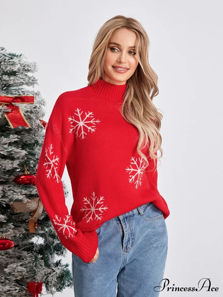 Jacquard Snowflake Long Sleeve TurtleNeck Loose Knit Christmas Sweater