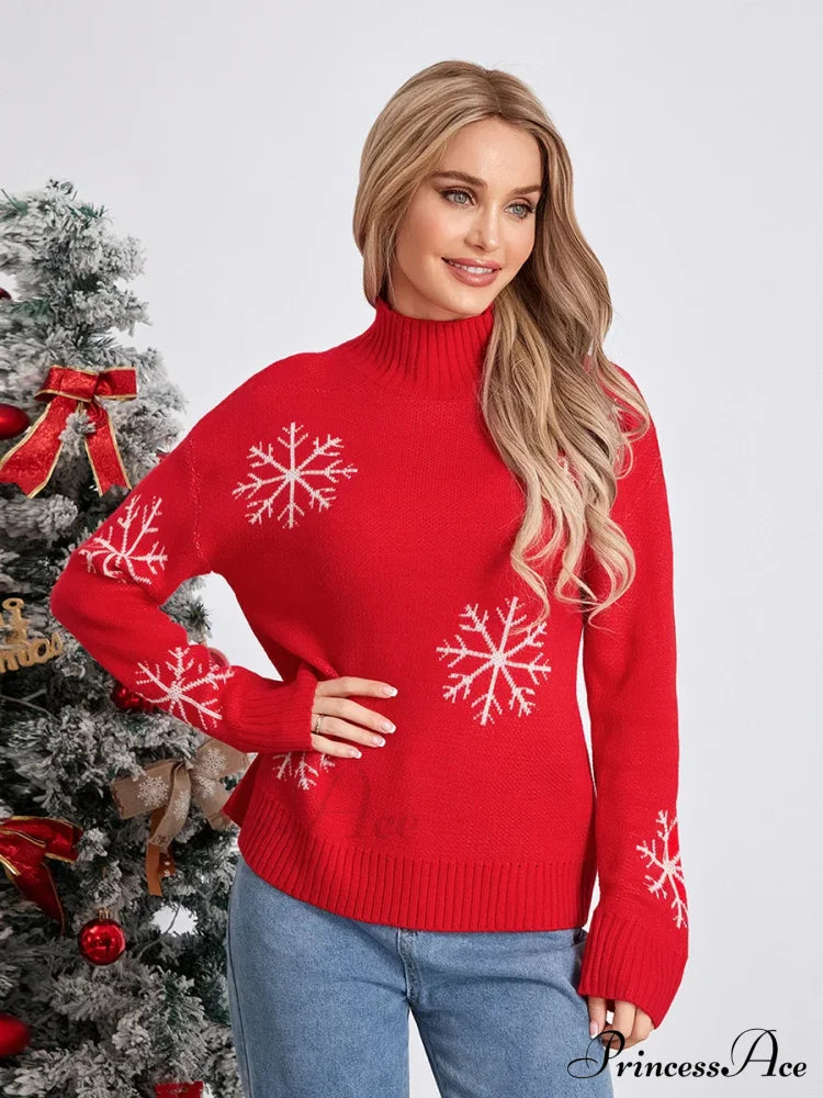 Jacquard Snowflake Long Sleeve TurtleNeck Loose Knit Christmas Sweater