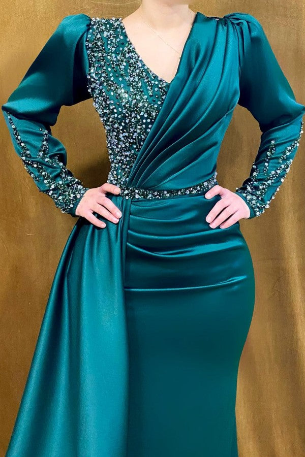 Jade Long Sleeves Prom Dress Mermaid V-Neck With Beads - Fashionpara