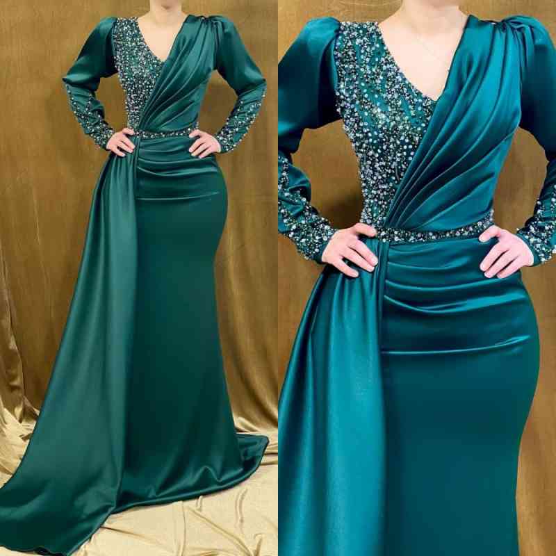 Jade Long Sleeves Prom Dress Mermaid V-Neck With Beads - Fashionpara