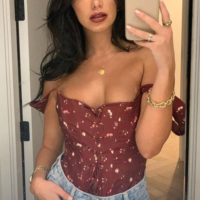 KittenAlarm - Jadyn Ditsy Floral Lace Up Front Top