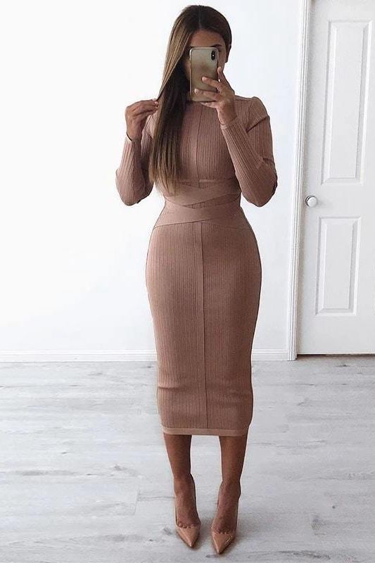 Jane Long Sleeve Bodycon Midi Dress - Nude - Fashionpara