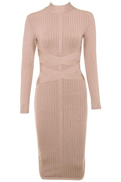 Jane Long Sleeve Bodycon Midi Dress - Nude - Fashionpara