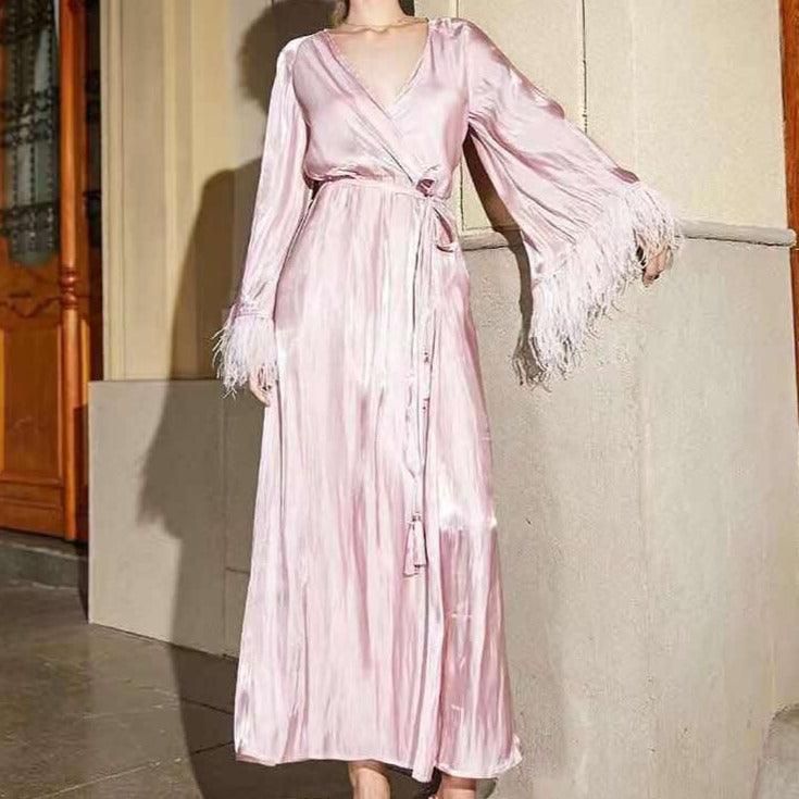 Janina Feather Trim Bell Sleeves Maxi Dress - Fashionpara