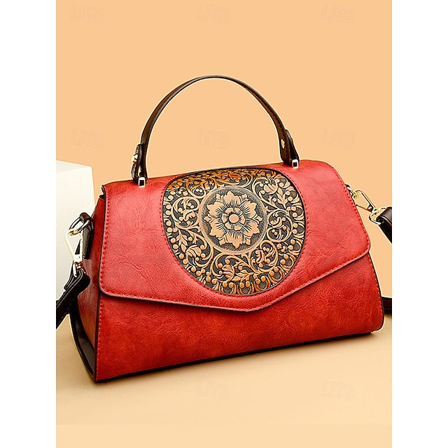 Floral Faux Vintage Engraved Handbag Leather