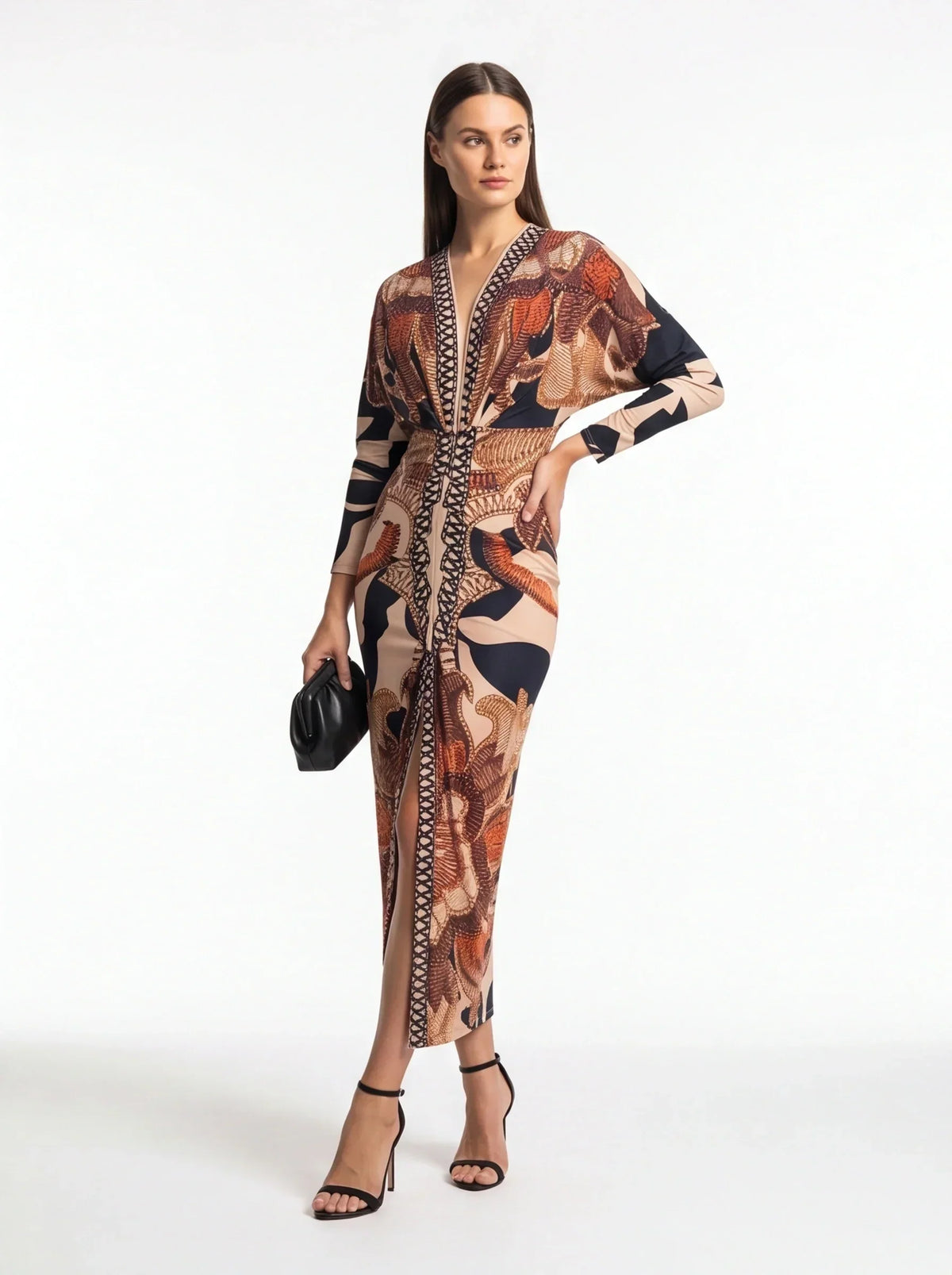 Deep V-Neck Long Sleeve Lattice Trim Graphic Bodycon Midi Dress