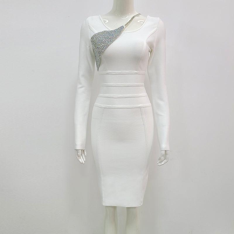 Sequin Asymmetric Neck Long Sleeve Bodycon Midi Dress