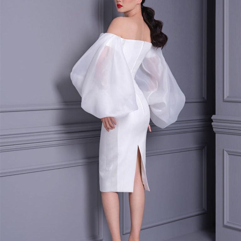 Organza Off Shoulder Puff Sleeve Bodycon Midi Dress