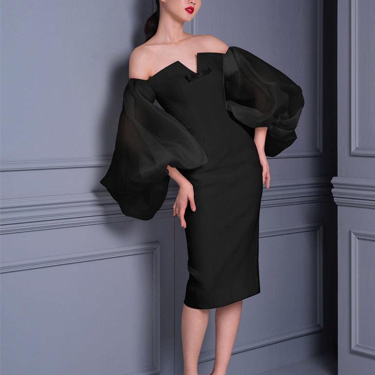 Organza Off Shoulder Puff Sleeve Bodycon Midi Dress
