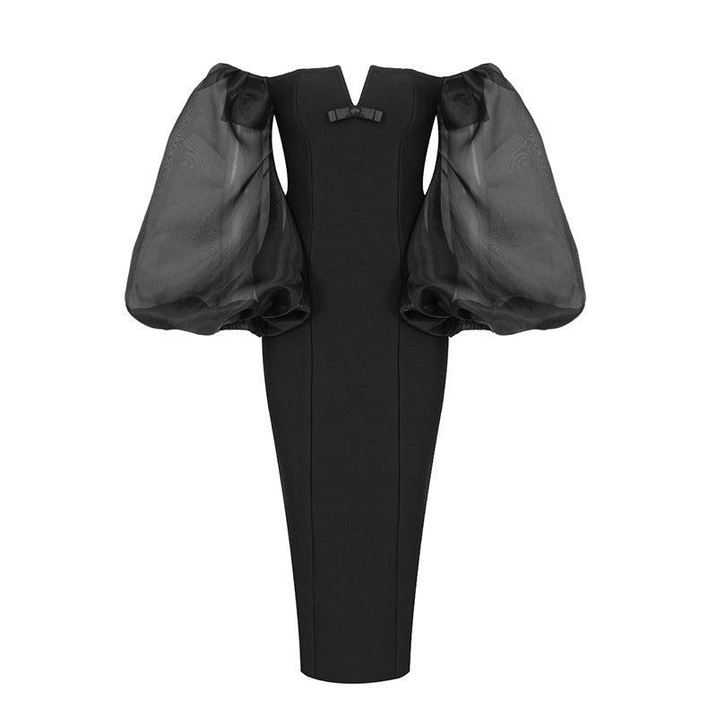 Organza Off Shoulder Puff Sleeve Bodycon Midi Dress