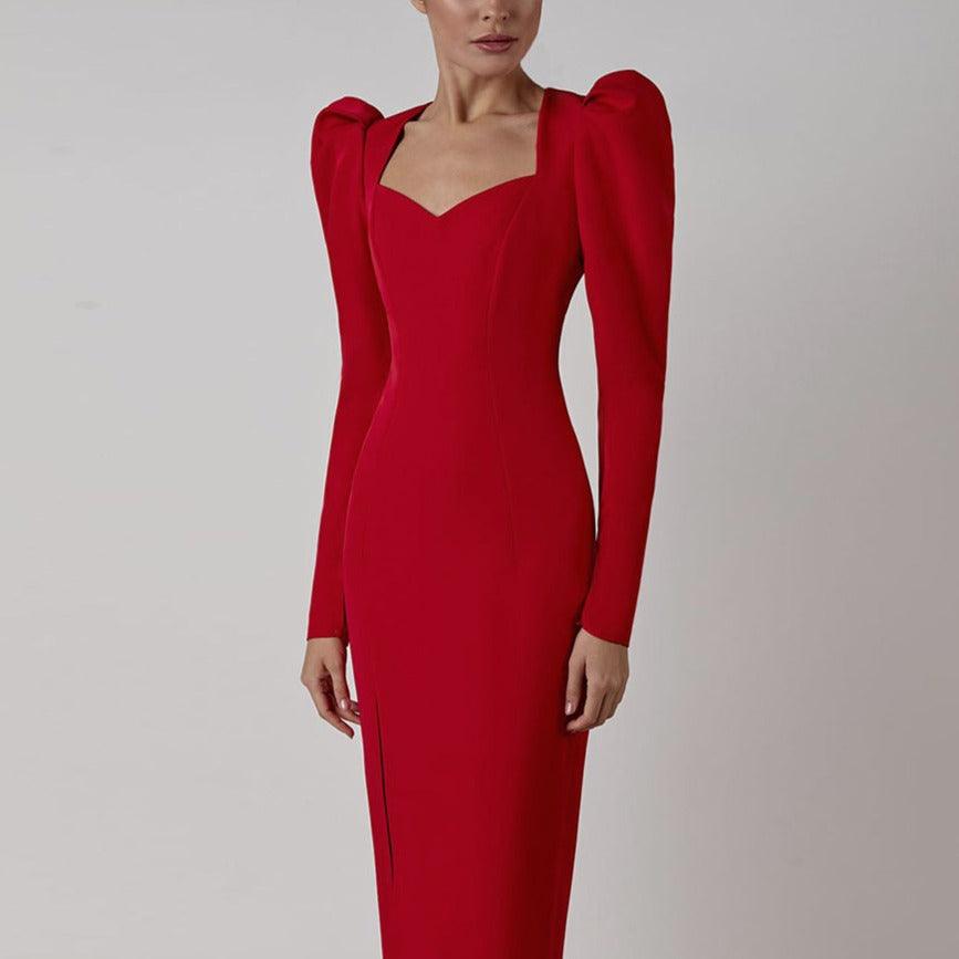 Sweetheart Long Sleeve Front Slit Bodycon Midi Dress