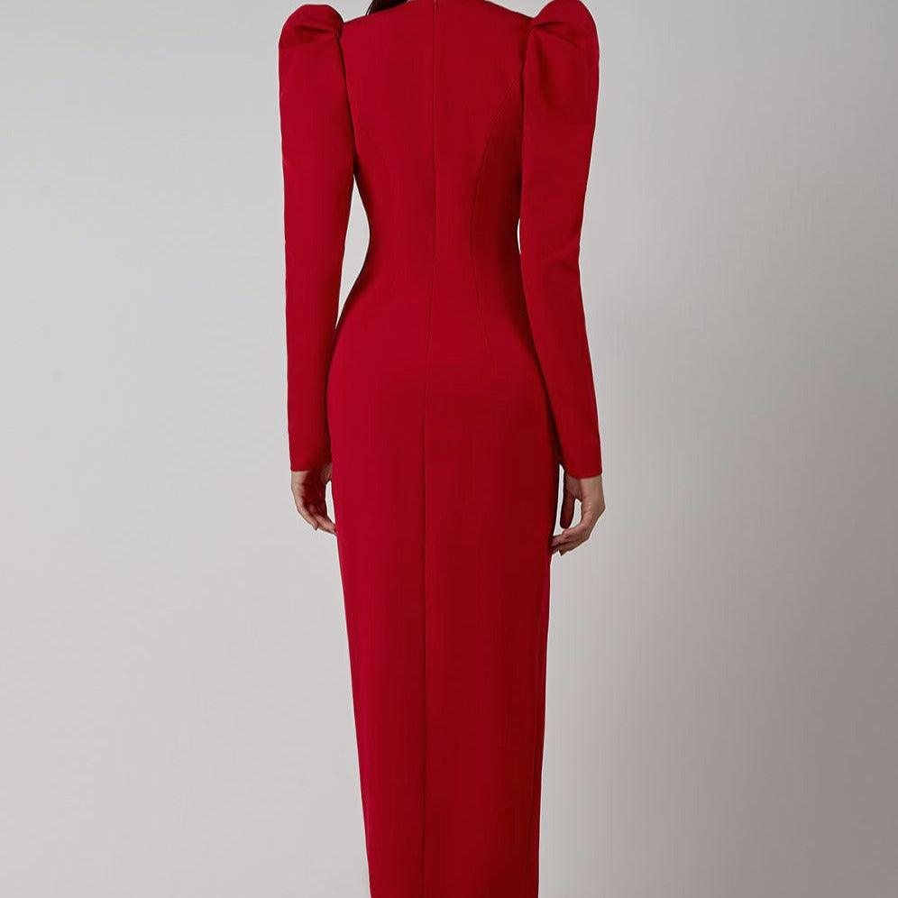 Sweetheart Long Sleeve Front Slit Bodycon Midi Dress