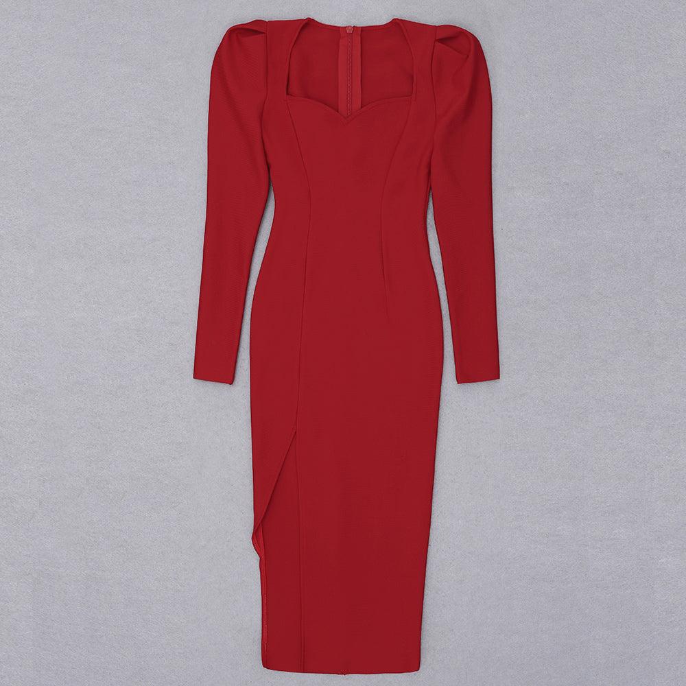 Sweetheart Long Sleeve Front Slit Bodycon Midi Dress