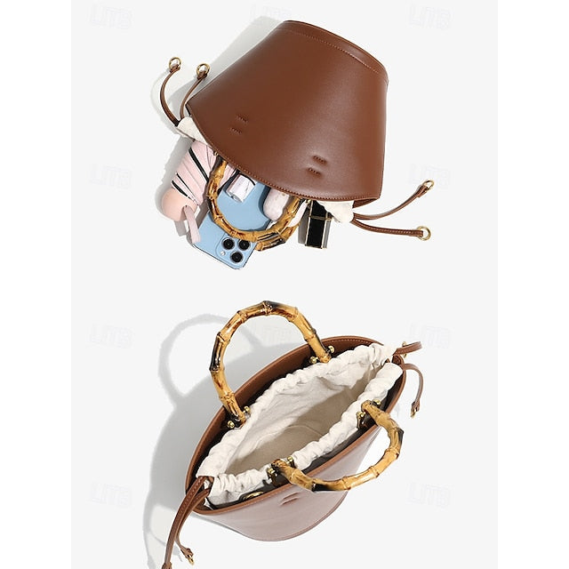 Bamboo with Leather Bag Handle Bucket Brown