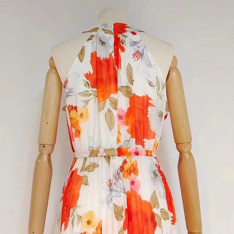 Floral Print Pleated Halter Neck Sleeveless Dress