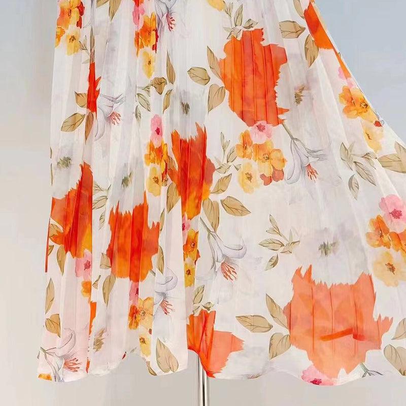 Floral Print Pleated Halter Neck Sleeveless Dress