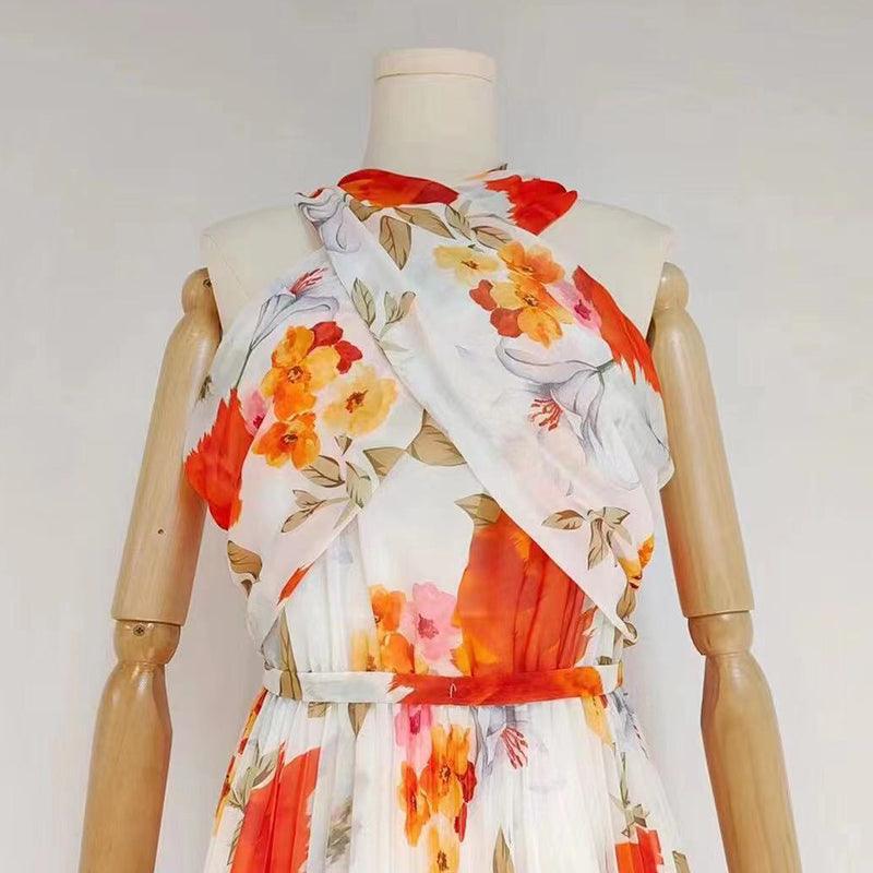 Floral Print Pleated Halter Neck Sleeveless Dress