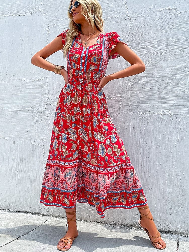 Floral Print V-Neck Smocked Waist Flutter Sleeve Maxi Dress