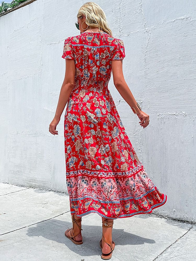 Floral Print V-Neck Smocked Waist Flutter Sleeve Maxi Dress - View 2