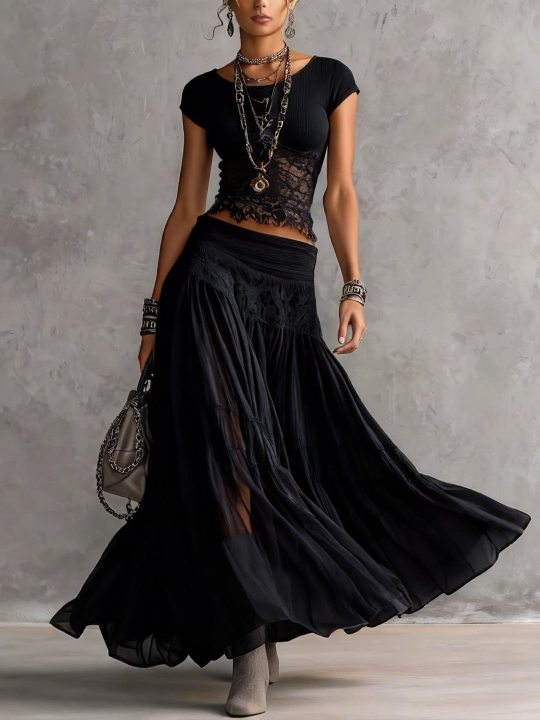 Lace Trim Short Sleeve Top and Tiered Mesh Maxi Skirt Two Piece Set