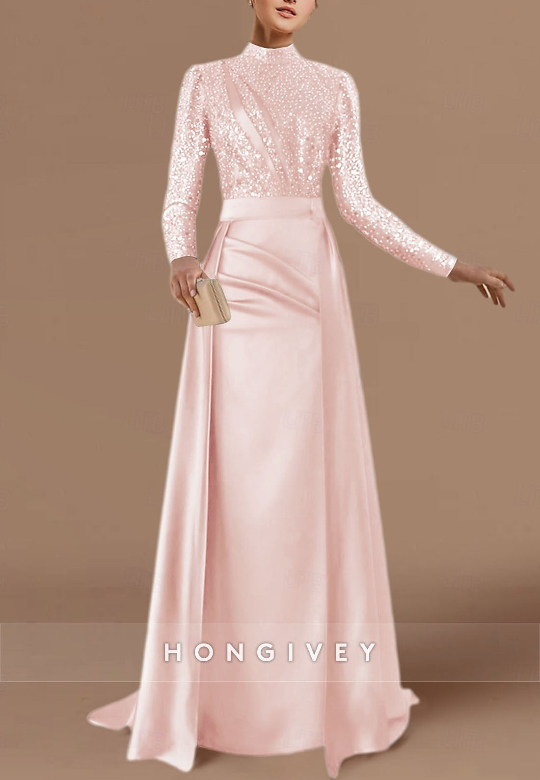 Satin Floor-Length Long Sleeve Evening Gown High Neck Pleated Detachable Formal Dresses