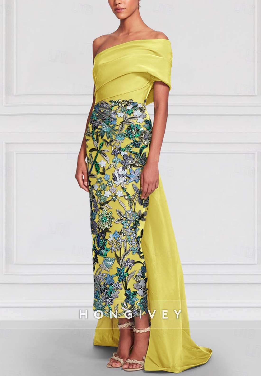 Shawl One Shoulder Asymmetrical Sheath Evening Gown Bead embroidery Mother of the Bride