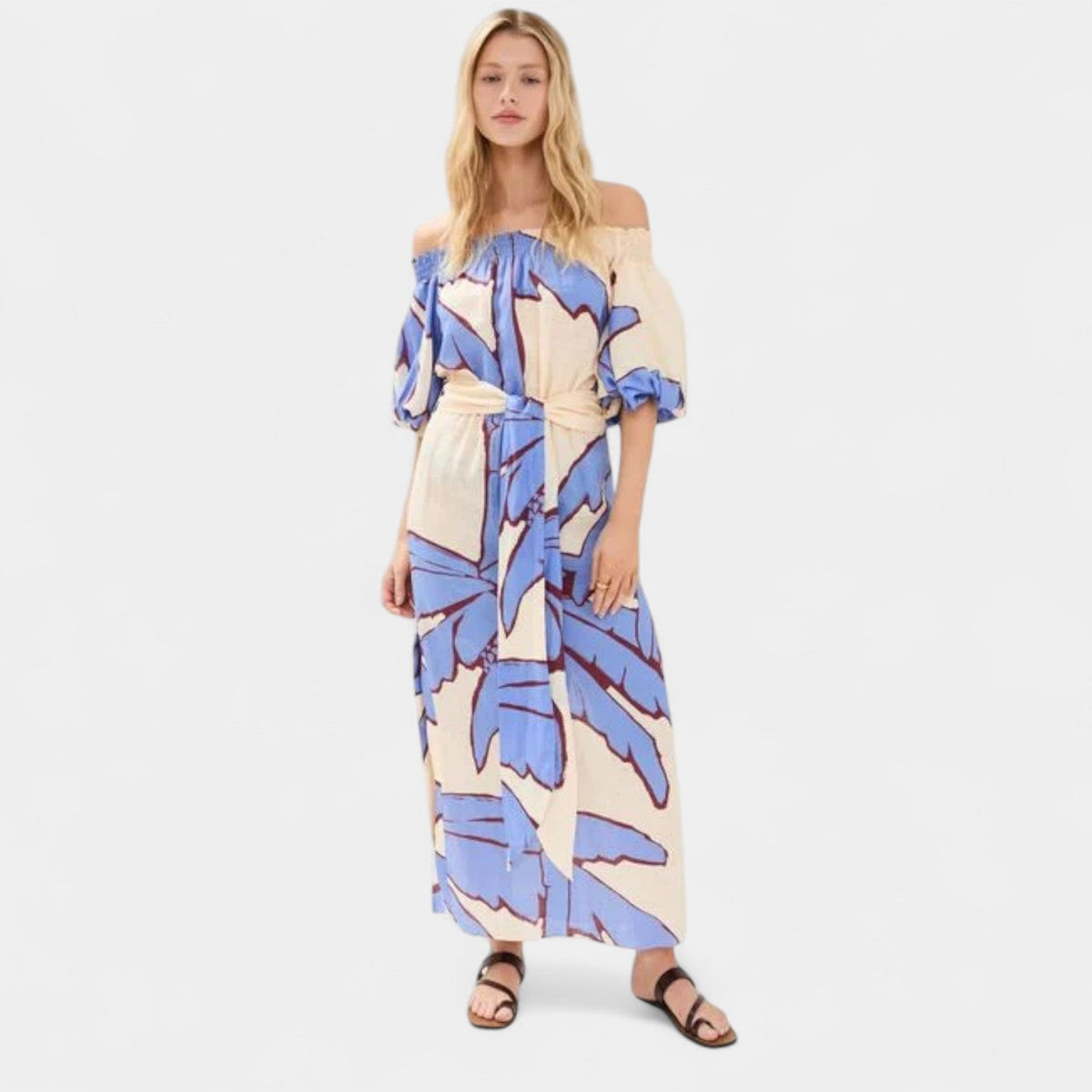 Leaf Print Off Shoulder Puff Sleeve Belted Maxi Dress