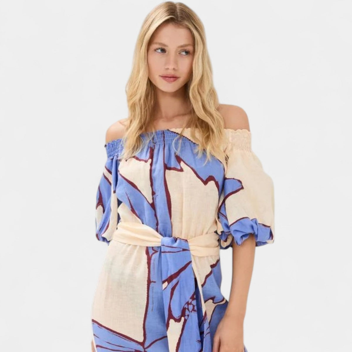 Leaf Print Off Shoulder Puff Sleeve Belted Maxi Dress 3