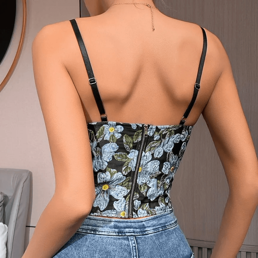KittenAlarm - Jolene Spaghetti Strap Floral Crop Corset Top