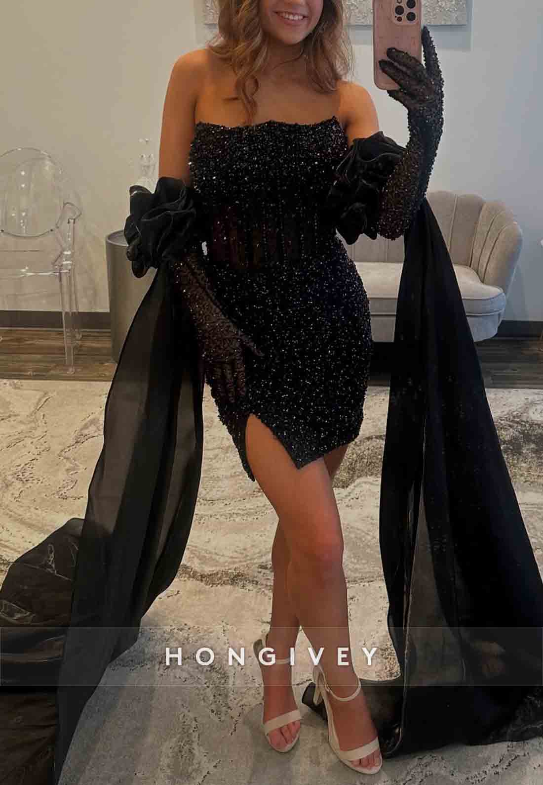 Glitter Pleated Sheath Strapless Mini Half Sleeves Backless Homecoming Dresses