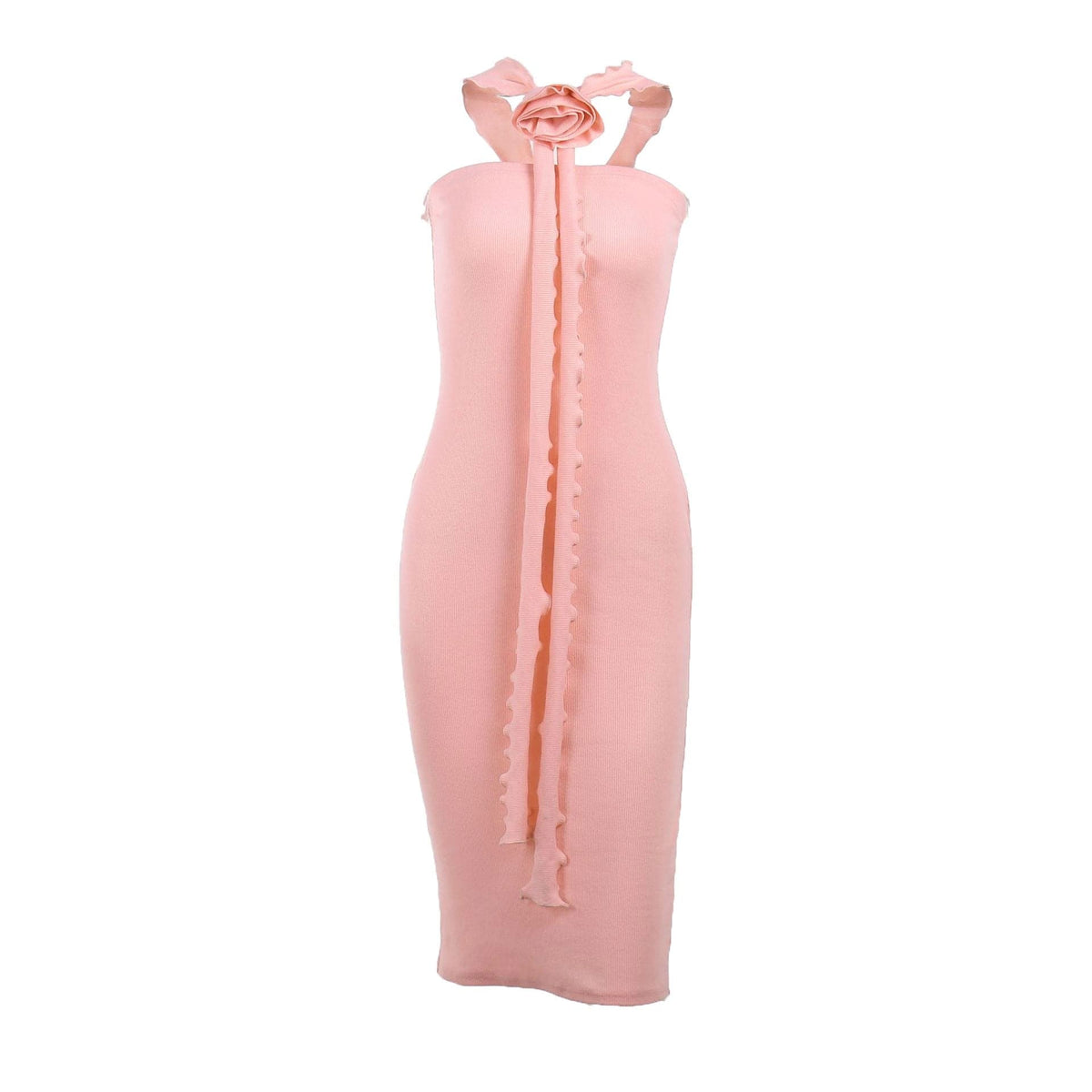 Ribbed Knit Halter Neck Flower Applique Ruffle Bodycon Midi Dress - View 3