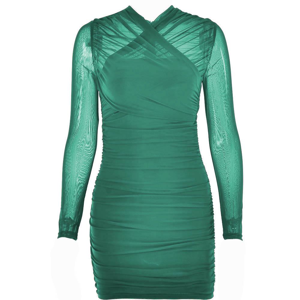 Cross Front Mesh Ruched Long Sleeve Mini Dress - View 9