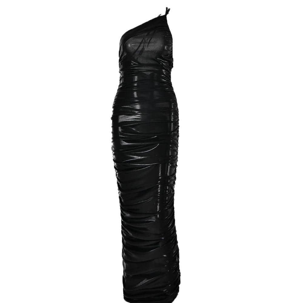Metallic one shoulder solid ruched zip-up maxi dress - View 3