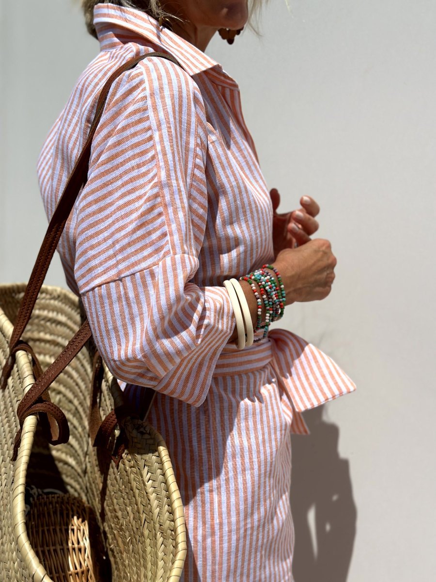 Vertical Stripe Button Down Long Sleeve High Split Midi Shirt Dress - View 3