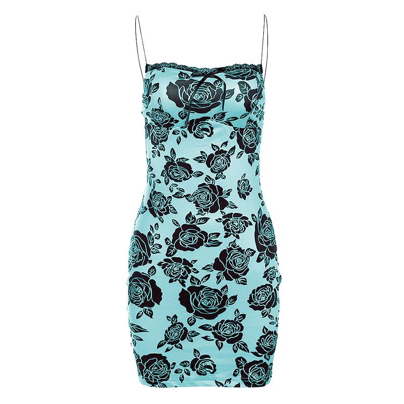 Rose print lace hem contrast spaghetti strap mini dress - View 8