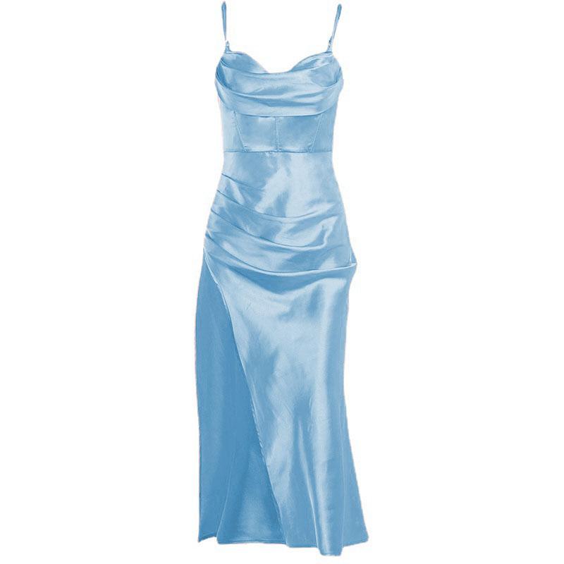 Sleeveless solid satin cowl neck slit backless zip-up cami dress - View 7