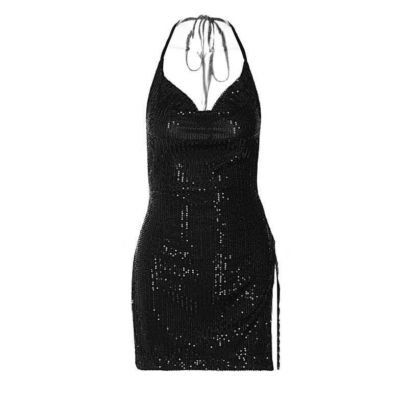 Glitter Cowl Neck Halter Backless High Split Bodycon Mini Dress - View 11