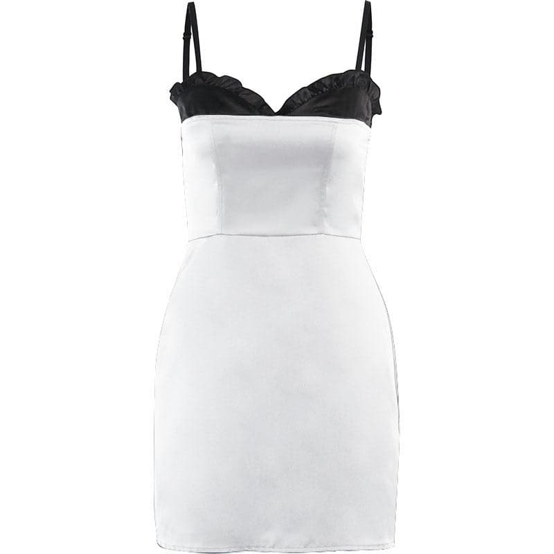 Patchwork satin ruffle contrast zip-up mini dress - Final Sale - View 8