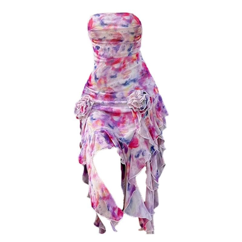 Star Print One Shoulder Flower Applique Ruffle High Low Mini Dress - View 2