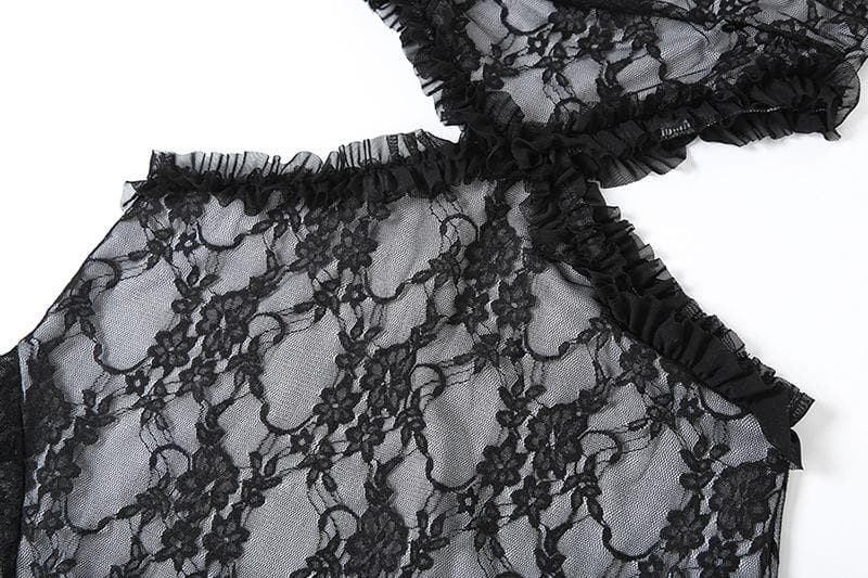 Lace ruffle solid slit hollow out backless tube midi dress - View 6