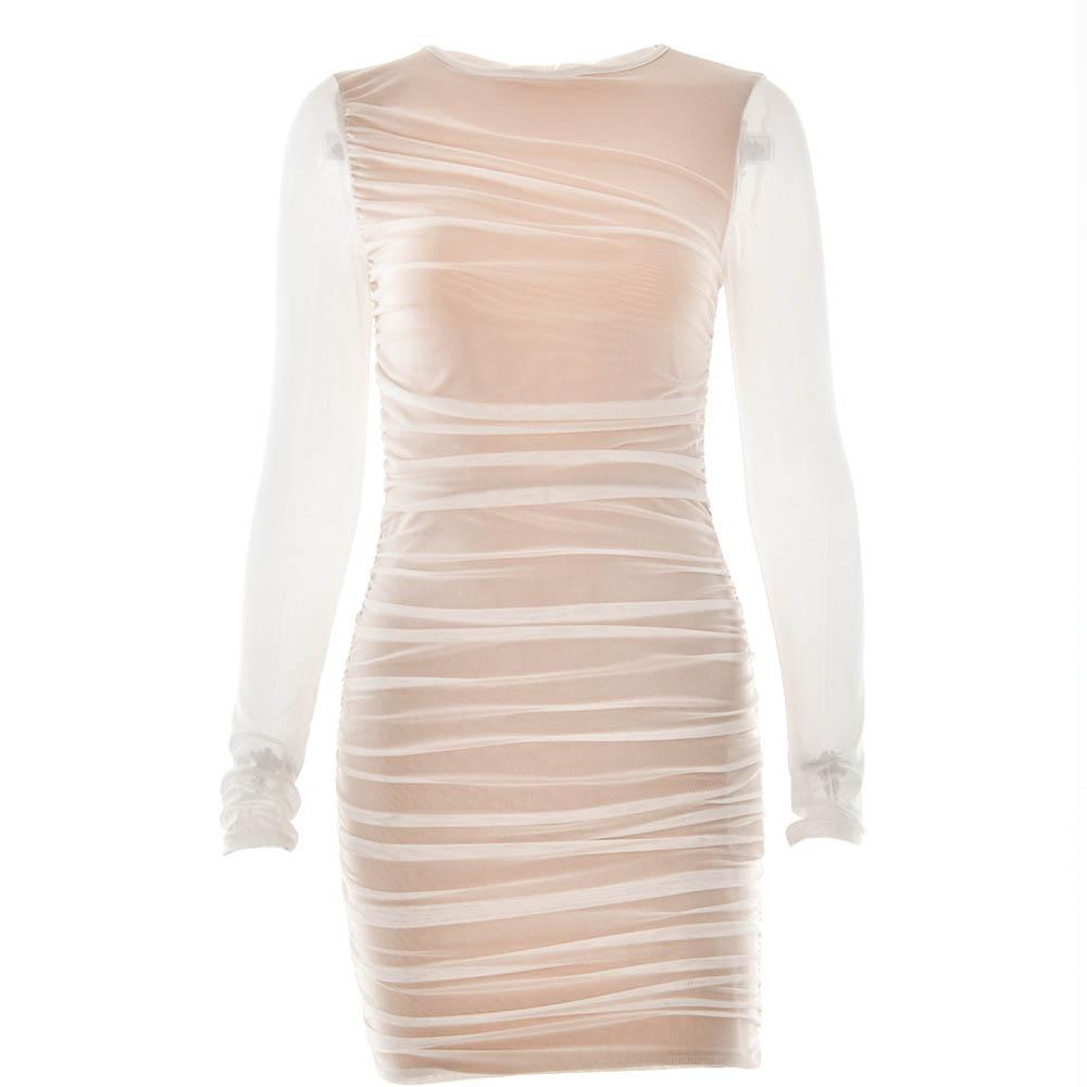 Mesh long sleeve solid ruched crewneck mini dress - View 2