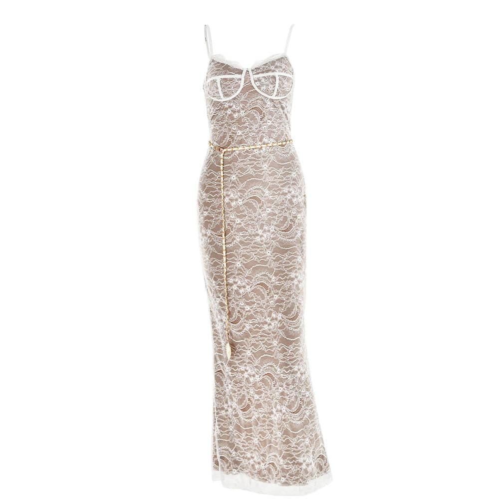 Lace contrast zip-up backless slit cami maxi dress - View 3