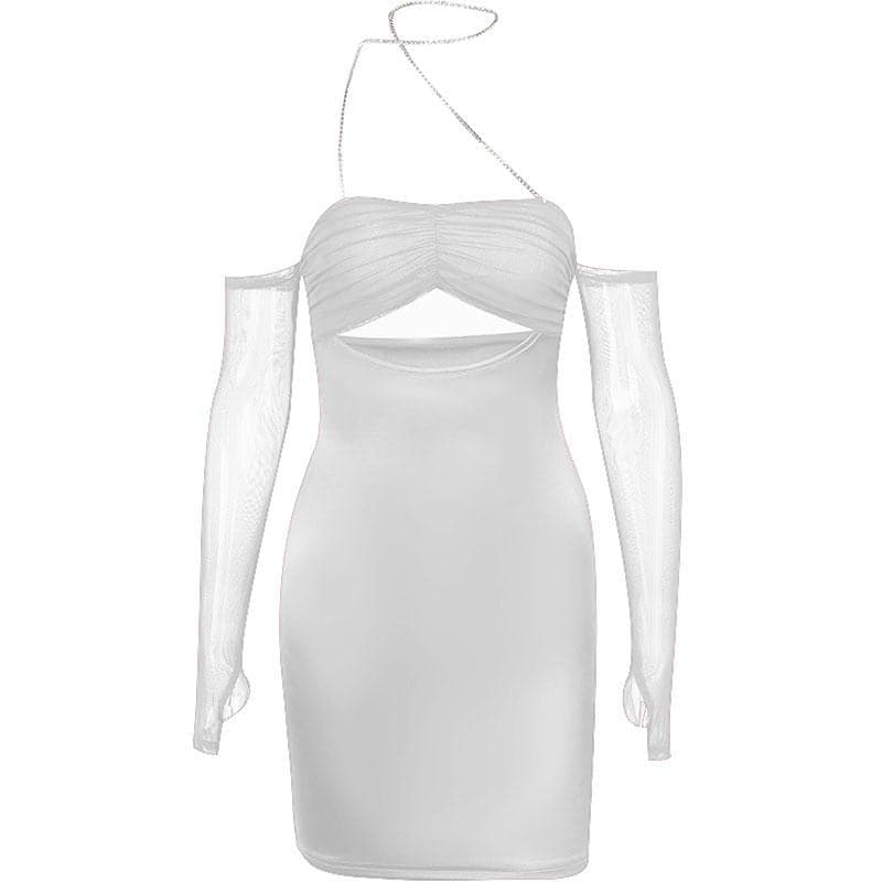 Mesh Glove Halter Neck Cut Out Ruched Bodycon Mini Dress - View 2